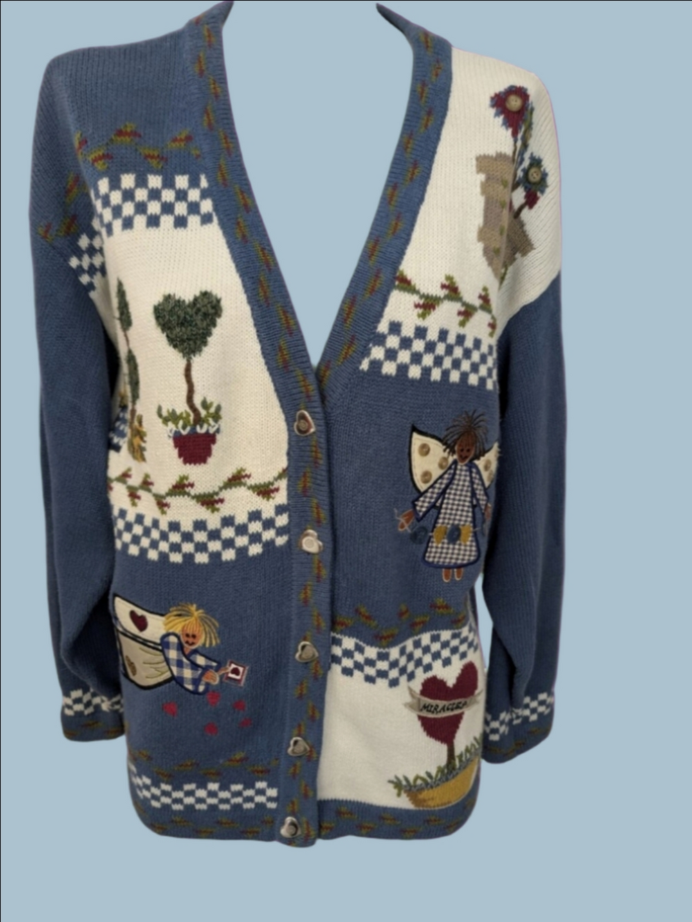 Vintage Quacker Factory Blue Cream Heart Miracle Patchwork Cardigan Sweater Sz M